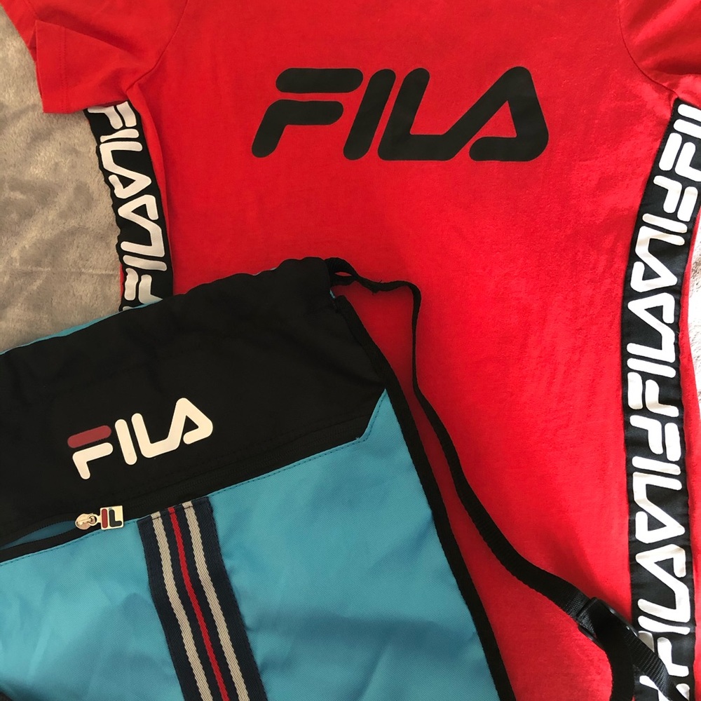 FILA Adjustable Drawstring Backpack Nylon Blue Zip